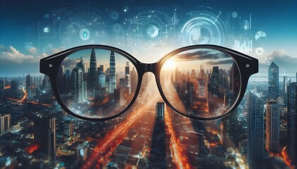 Modern bright city view through eyeglasses