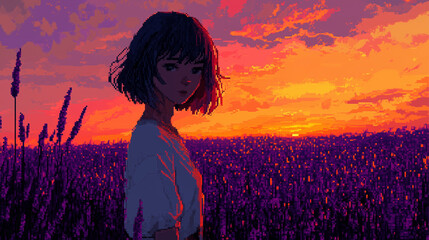 pixel art of a short-haired girl standing in the middle of a lavender field at sunset