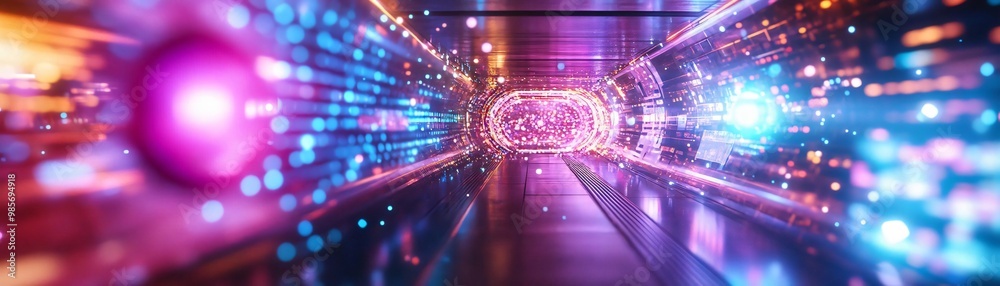 Poster a vibrant tunnel of light, filled with dynamic colors and patterns, creating a mesmerizing futuristi