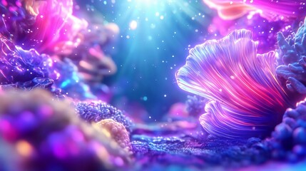 Fototapeta premium A vibrant underwater scene featuring colorful coral formations illuminated by soft light, creating a magical marine atmosphere.