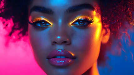 A model with bold, colorful makeup looks posing under neon lights, showcasing avant-garde beauty trends with vibrant colors and futuristic vibes
