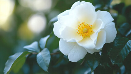 Obraz premium A large white rose with yellow hues, growing in the garden. Stock photo, full-body shot, with a shallow depth of field. Created with Ai