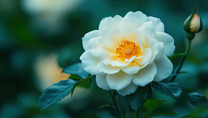 A large white rose in full bloom, with green leaves and colorful flowers in the background. Created with Ai