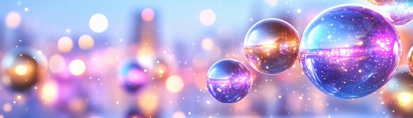 Obraz premium Stunning close-up of colorful bubbles reflecting light with a dreamy bokeh background, perfect for creative projects.