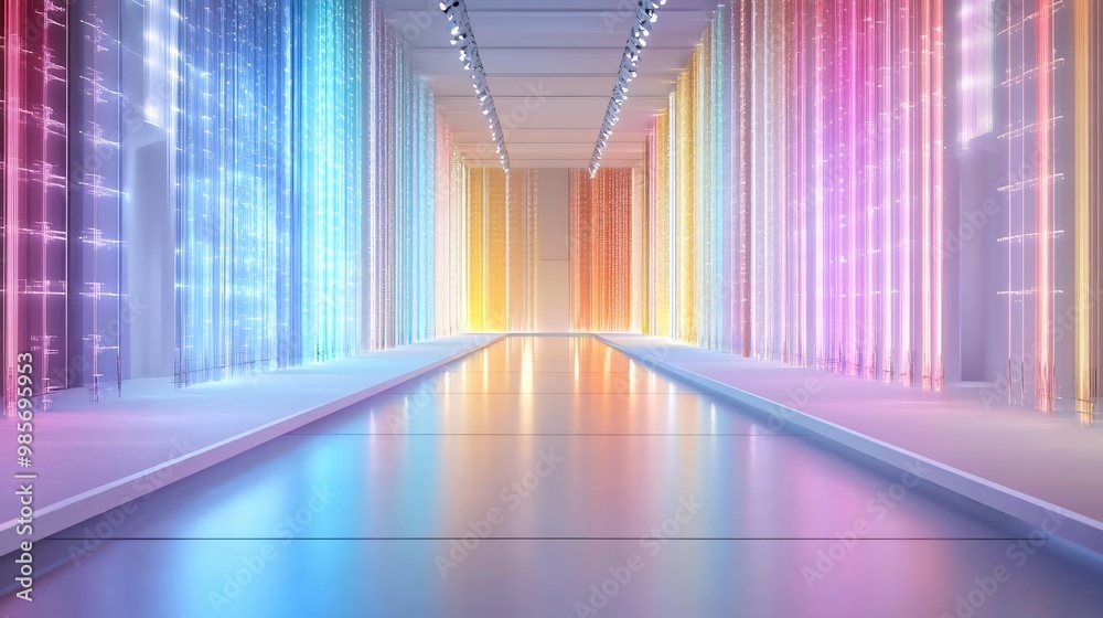 Wall mural vibrant corridor illuminated with colorful lights, creating a futuristic and surreal atmosphere for 