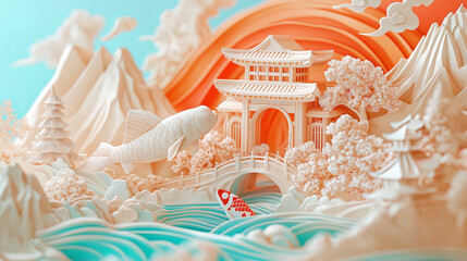 3D illustration of koi fish leaping over the dragon gate