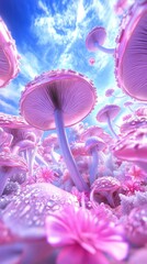 Whimsical landscape of vibrant pink mushrooms under a blue sky, creating a dreamy and fantastical atmosphere in nature.
