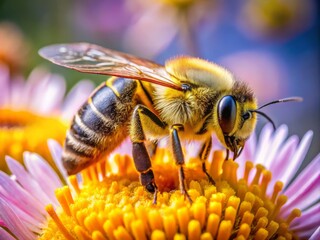 Fototapeta premium Golden light illuminates the intricate details of a honey bee's busy existence as it collects nectar from a