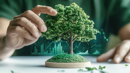 A tree man is touching a growth graph bar chart on a virtual screen, depicting a business plan, financial market, and stock prices going up
