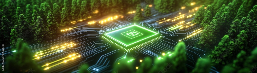 Poster A futuristic microchip surrounded by glowing circuits, representing advanced technology and innovation in computing.