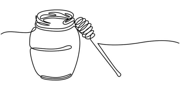 recommend clip art: Continuous single line of glass pot full of honey and honey dipper in silhouette. Isolated on white background vector illustration, continuous line drawing of a honey jar with a dipper