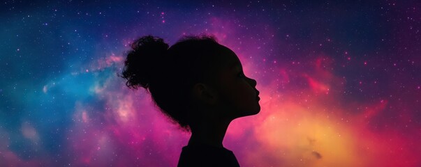 A silhouette of a girl against a vibrant galaxy backdrop, symbolizing dreams and imagination in the cosmos.