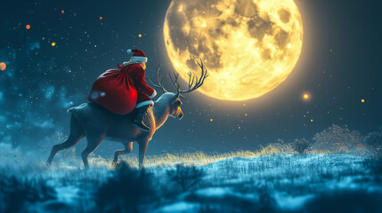An illustration shows Santa Claus riding a reindeer and picking up a big red gift bag under the full moon. The concept of a festive holiday journey and Merry Christmas. Generative AI.