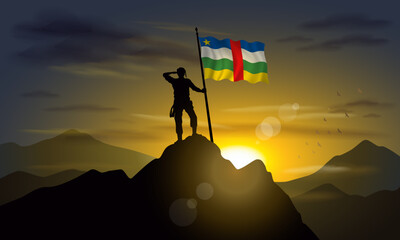 Central African Republic flag, silhouette of man holding flag on Sunset cliff. Vector Illustrator