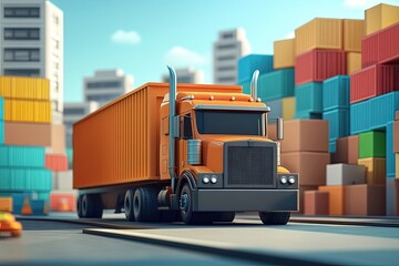 Orange truck at shipping container yard