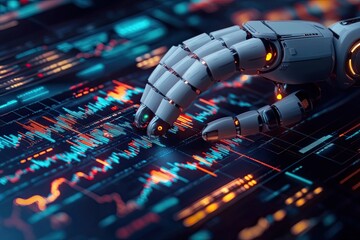 Robot hand analyzing digital financial data