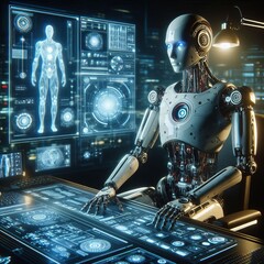 A humanoid robot operates a high-tech holographic interface, displaying futuristic designs and data in a dimly lit room. The scene captures the essence of AI and technological advancements, evoking a