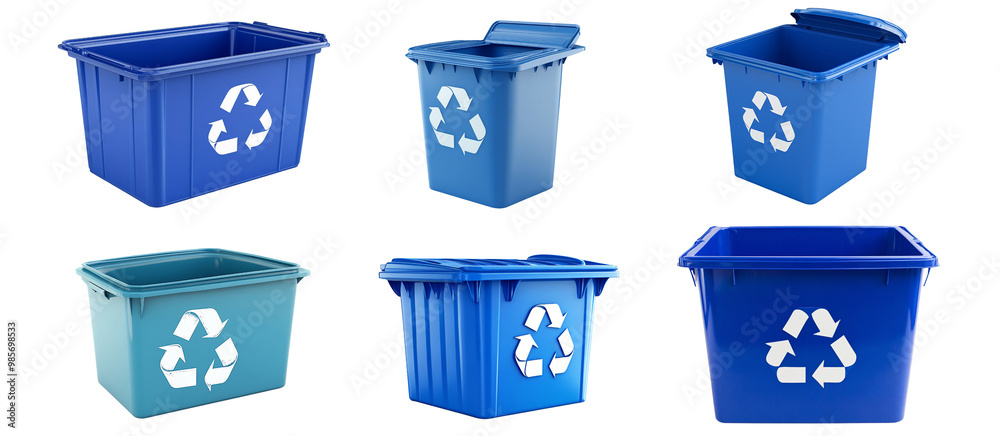 Poster A blue recycling bin with a large recycle symbol displayed on the front. Photorealistic image captured at a three-quarter angle, isolated on a white background. Large space for text in center Stock