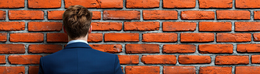 A businessman standing in front of a brick wall with Tariffs painted on it, tariff wall, trade war visual
