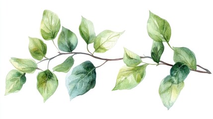Fototapeta premium Artistic watercolor illustration of plant with leaves on a branch, white backdrop