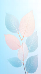 Transparent tree leaves with leaf veins and water drops, romantic and aesthetic background
