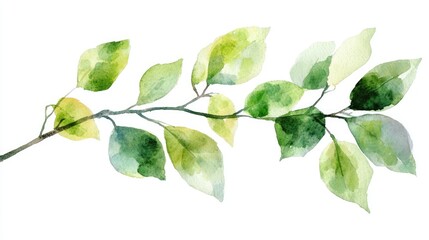 Fototapeta premium Artistic watercolor painting showcasing vibrant green leaves on a branch, minimalist white