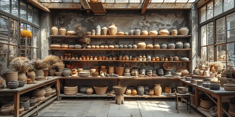 Rustic pottery studio with shelves filled with handmade ceramics dried clay and pottery wheels with natural light streaming through large windows