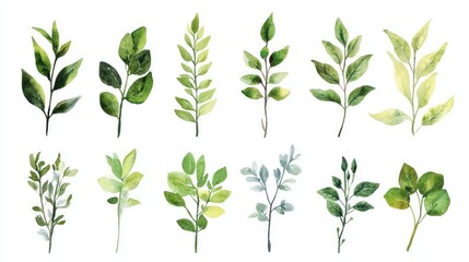 Creative set of watercolor foliage plants, each cut out with thin frames for seamless integration into designs, set against a bright white backdrop