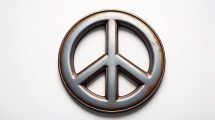 Rustic metal peace sign isolated on white background.