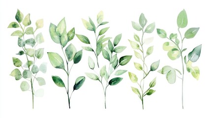 Creative watercolor pieces of foliage plants with detailed thin frames, designed for versatile integration against an infinite dawn on white