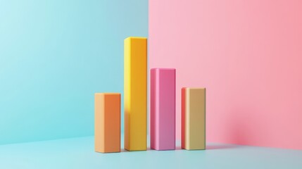 A colorful bar graph with orange, yellow, pink, and beige bars on a blue and pink background.