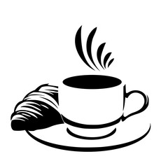 Cup of coffee with croissant, logo vector illustration