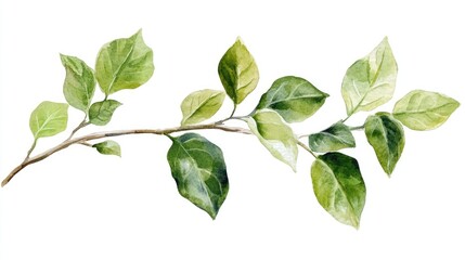 Detailed watercolor clipart of fresh plant leaves on a detailed branch, white
