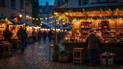 Cozy Christmas market with warm glowing stalls and festive decorations in charming European street