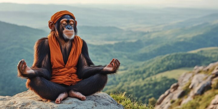 A peaceful monkey meditating on a rock in nature. The orange attire adds a vibrant touch to the serene landscape. This image captures tranquility and harmony. AI
