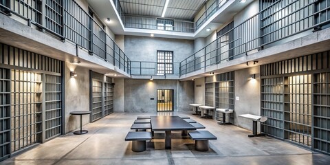 Grey concrete walls and iron bars confine the cell, casting a sombre tone in the depths of the