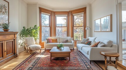 Fototapeta premium Spacious Living Room with Bay Window and Elegant Decor. Generate Ai Image