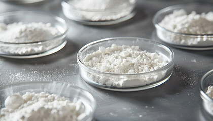 Petri dishes with calcium carbonate powder on grey table, closeup