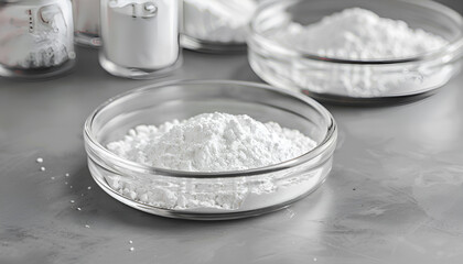 Petri dishes with calcium carbonate powder on grey table, closeup