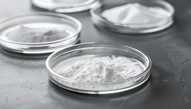 Petri dishes with calcium carbonate powder on grey table, closeup