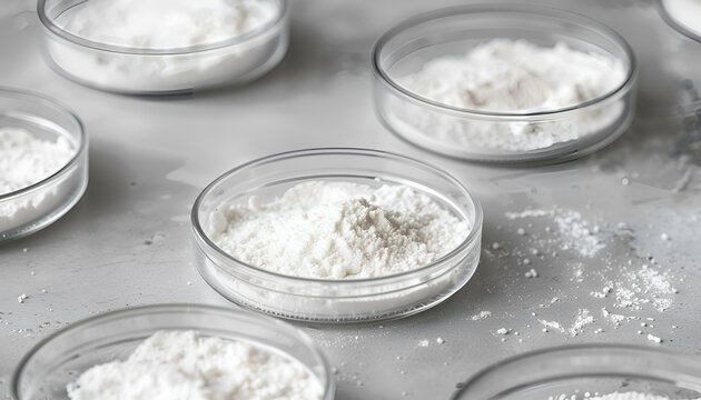 Petri dishes with calcium carbonate powder on grey table, closeup