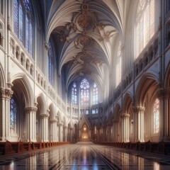 Obraz premium A breathtaking view of a grand cathedral interior showcasing intricate Gothic architecture. Sunlight streams through stained glass windows, highlighting the majestic arches and detailed carvings