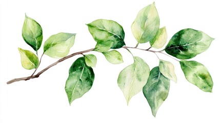 Fototapeta premium Watercolor clipart showing botanical leaves on a branch, white background