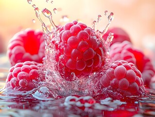 Close-up of fresh raspberries splashing in water, creating a vibrant and refreshing scene.