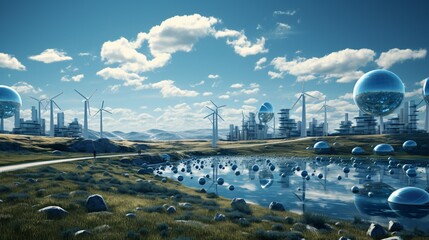 Solar panels and wind turbines working together to generate renewable energy