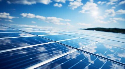 Solar panels reflecting the blue sky, symbolizing clean and renewable energy