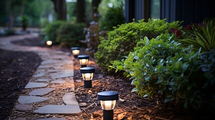 A row of solar-powered lamps illuminating a garden pathway