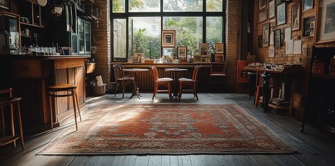 Vintage Cafe Interior with Rug and Windows.