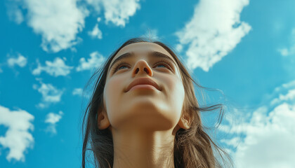 Young woman looking up at blue sky with cloudy background - low angle view of peaceful expression in nature.