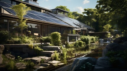 Obraz premium A family planting trees near their solar-powered home, promoting sustainability